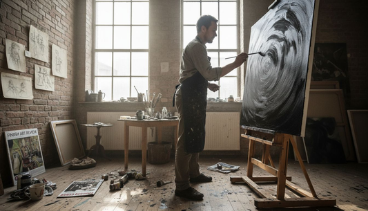 Taiteilija maalaa kankaalle syvänmustalla maalilla.