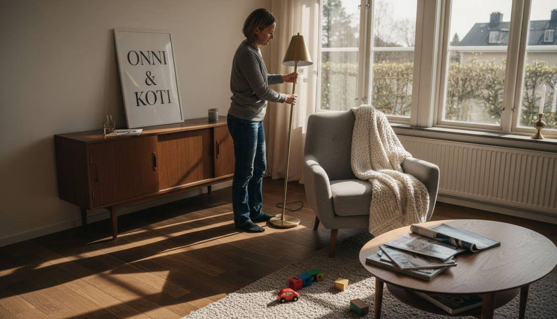 Nainen järjestelee tunnelmavalaistusta valoisassa huoneessa.