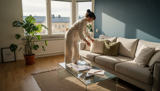 Sisustussuunnittelija järjestelee tyynyjä auringonvalossa.