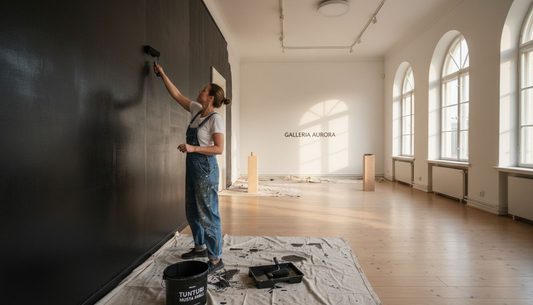 Sisustussuunnittelija maalaa gallerian seinän syvän mustaksi.