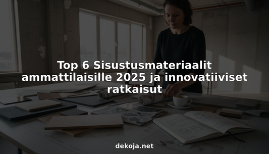 Sisustussuunnittelija järjestelee materiaalinäytteitä työpöydän äärellä.
