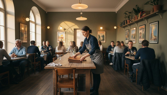 Ravintolan tunnelmallinen sisustus, jossa leikitellään kekseliäällä valaistuksella.