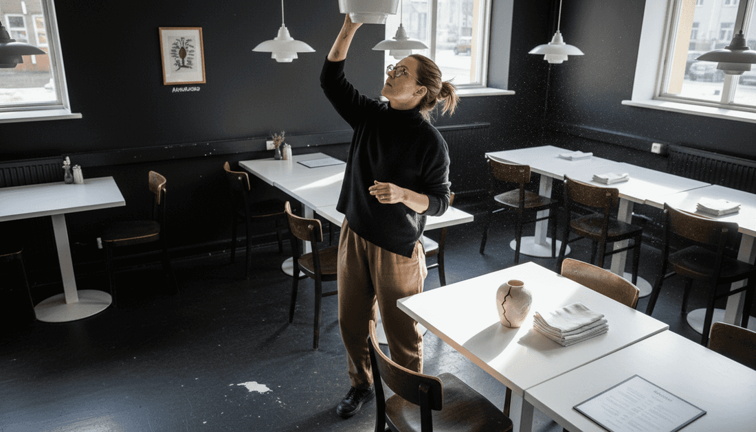 Sisustussuunnittelija sijoittelee valaisimia ravintolaan, jossa leikitellään vahvoilla kontrasteilla.