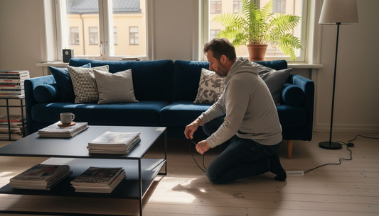 Mies sommittelee sisustusta, jossa tummat ja vaaleat sävyt luovat näyttävän kontrastin.