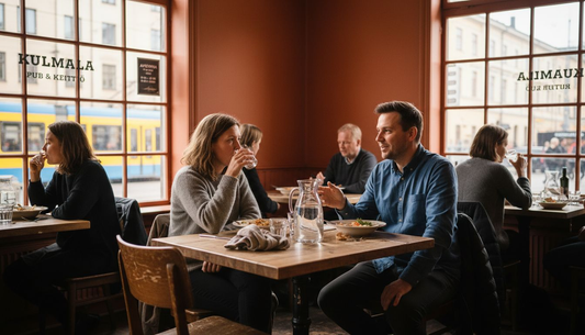 Ravintolan lämpimissä sävyissä viihtyvät illallisvieraat nauttivat ruoastaan.