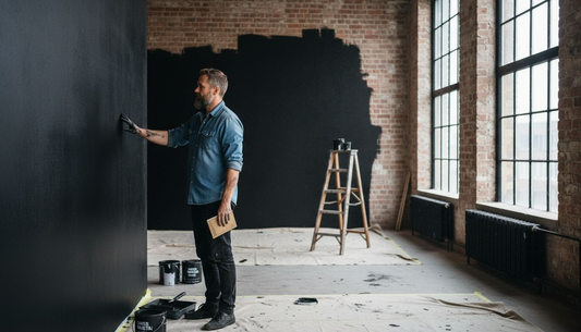 Suunnittelija tarkastelee syvänmustaksi maalattua seinää.