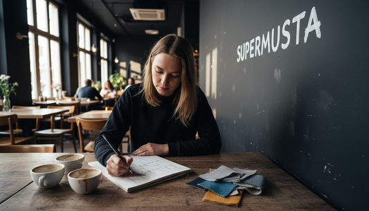 Muotoilija luonnostelee ideoitaan tunnelmallisessa Supermusta-ravintolassa.