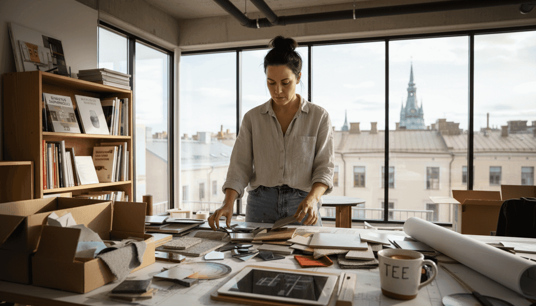 Suunnittelija tarkastelee materiaalinäytteitä valoisassa ateljeessa.