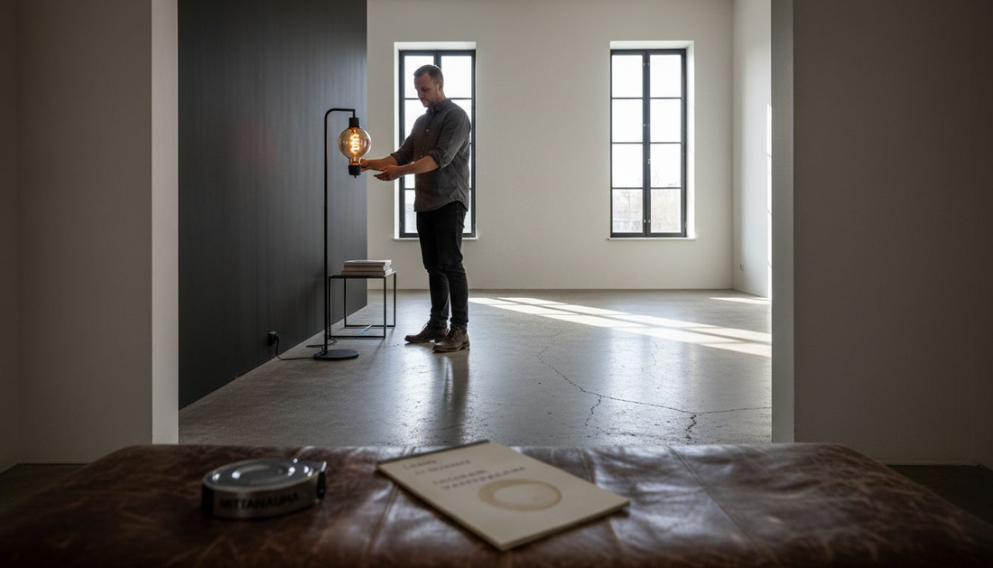 Muotoilija säätää valaisinta tumman galleriaseinän edessä.