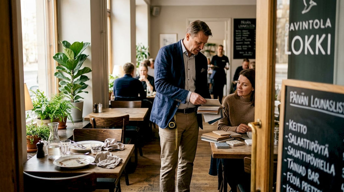 Suunnittelija tutustuu materiaalinäytteisiin ravintolassa.