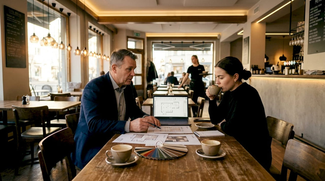 Konsultti ja ravintolapäällikkö pohtivat yhdessä ravintolan valaistusta.