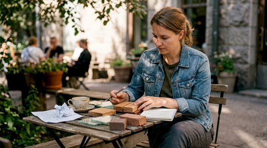 Suunnittelija tutustuu materiaaleihin ulkona luonnon keskellä.