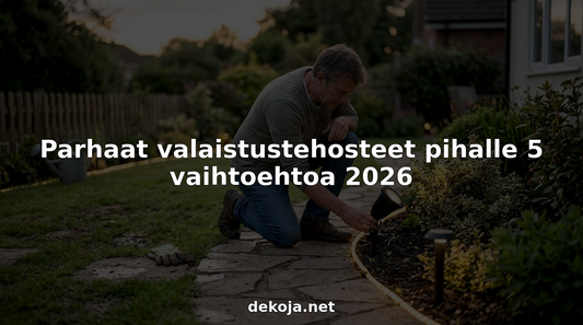 Talonomistaja säätää iltahämärässä pihapolun valoja.