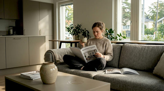 Nainen viihtyisässä, modernissa olohuoneessa, jossa on mattapintaiset pinnat.