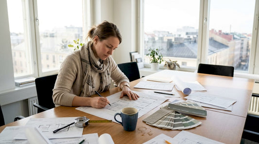 Sisustussuunnittelija luonnostelee tilasuunnittelun alkuvaiheen ideoita paperille.