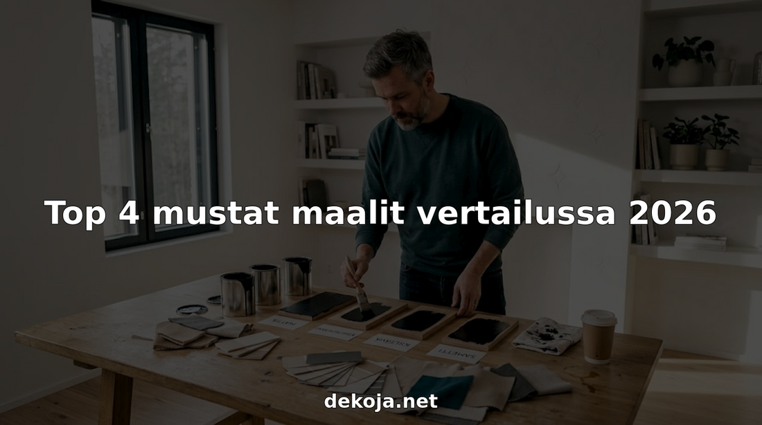 Suunnittelija vertailee työpöydän ääressä neljää erilaista mustaa maalinäytettä.