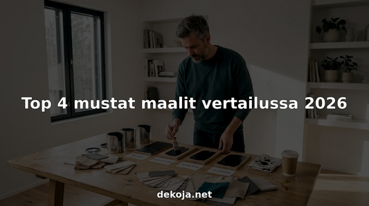 Suunnittelija vertailee työpöydän ääressä neljää erilaista mustaa maalinäytettä.