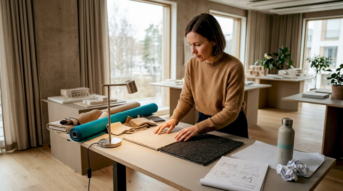 Sisustussuunnittelija vertailee eri materiaalimalleja työhuoneellaan.
