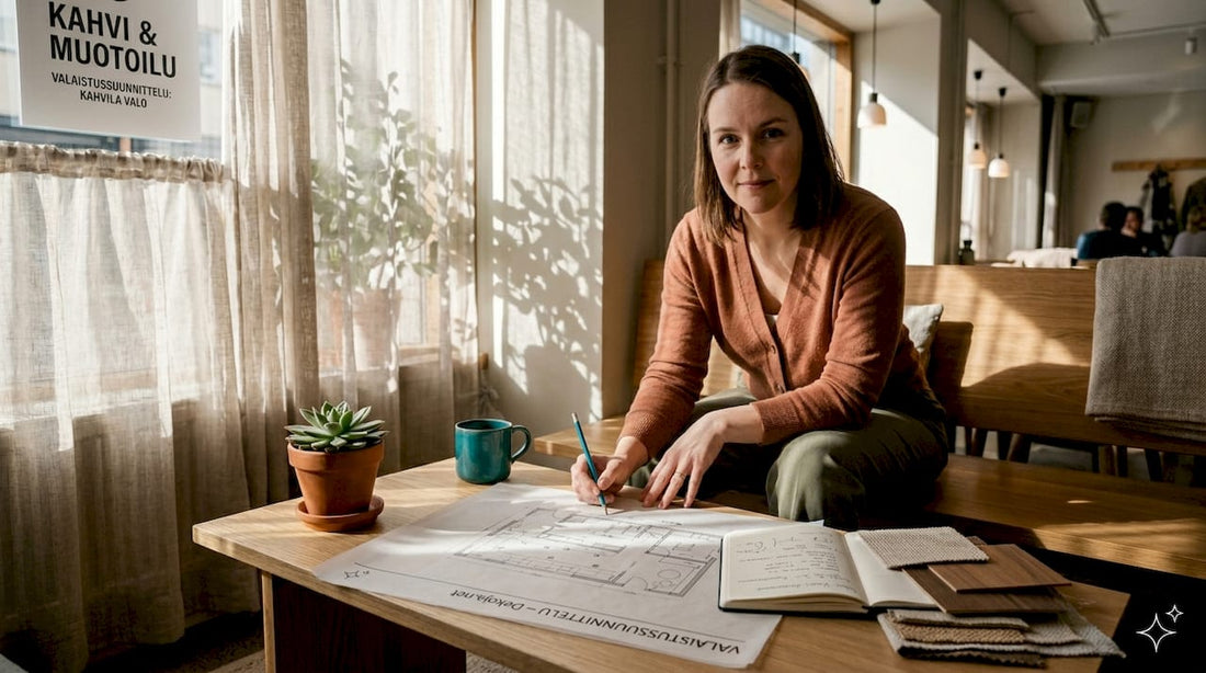Suunnittelija käy läpi valaistussuunnitelmaa ja tarkastelee, miten auringon varjot vaikuttavat tilaan.