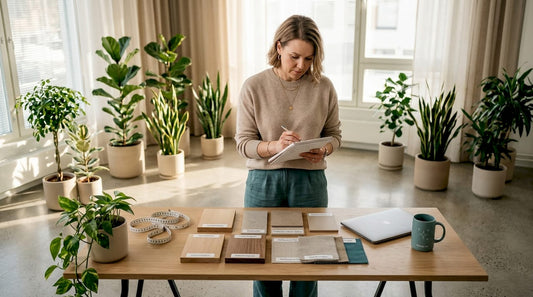 Sisustussuunnittelija vertailee erilaisia materiaalinäytteitä työhuoneellaan.