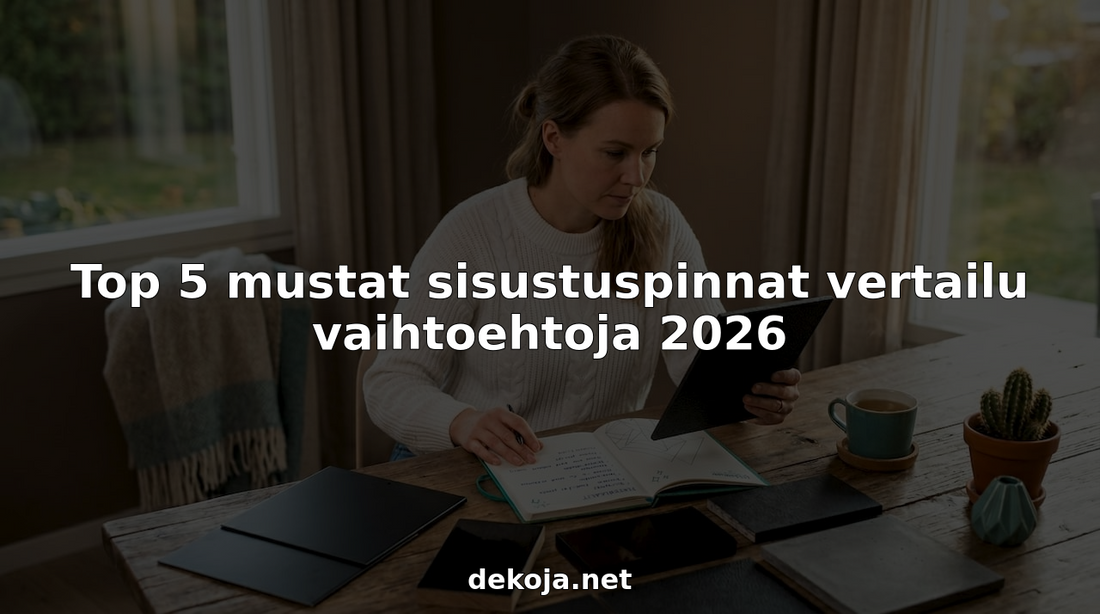 Sisustussuunnittelija vertailee erilaisia mustia pintamateriaaleja keskenään.