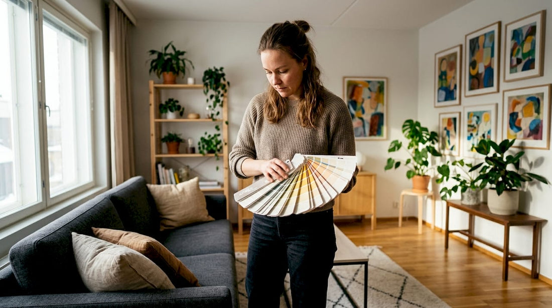 Sisustussuunnittelija vertailee olohuoneessa erilaisia värimalleja tulevaa remonttia varten.