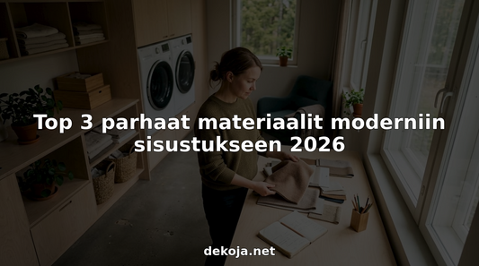 Sisustussuunnittelija tutkii pöydällä erilaisia materiaalinäytteitä ja arvioi niiden sopivuutta projektiin.