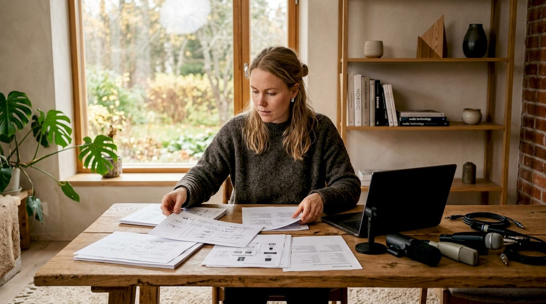 Nainen tekee töitä audiovisuaalisen suunnittelun parissa.