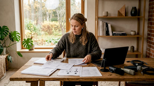 Nainen tekee töitä audiovisuaalisen suunnittelun parissa.