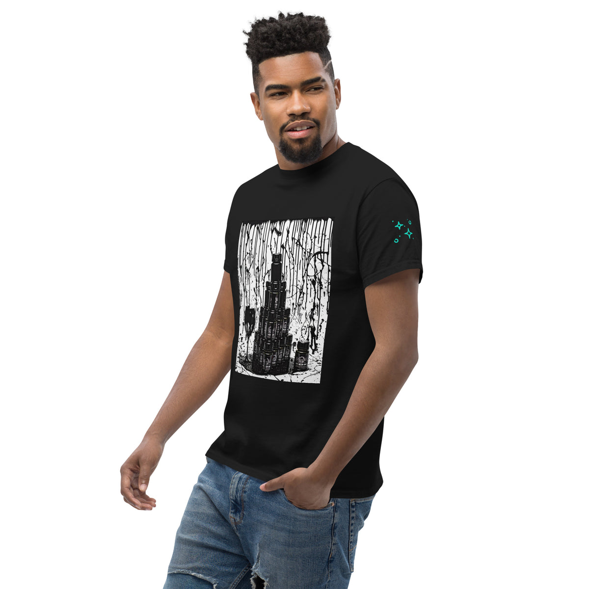 Musou Tower unisex T-shirt, black – front view from the left